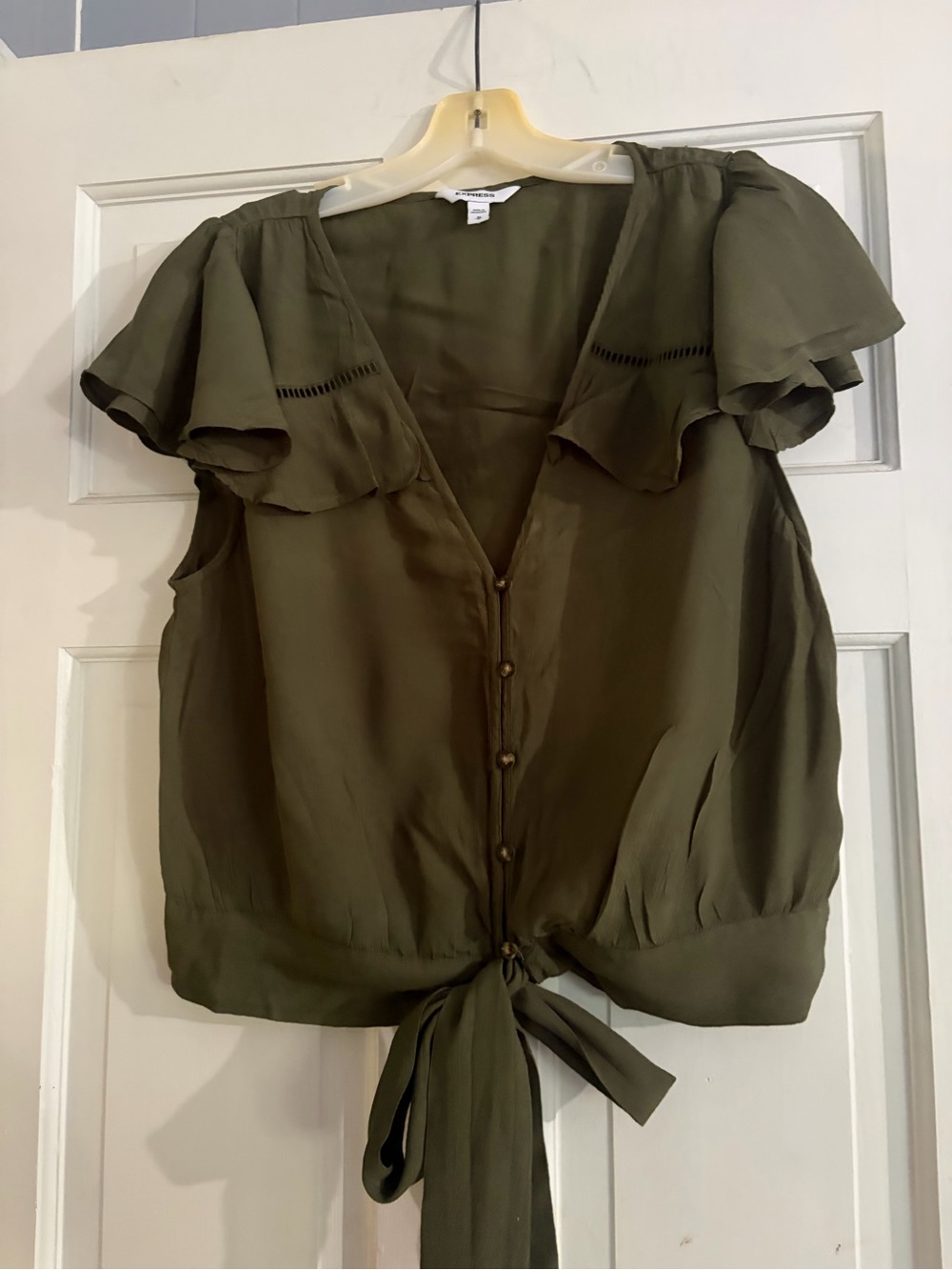 Express Olive Tie-Front Flutter Sleeve Blouse